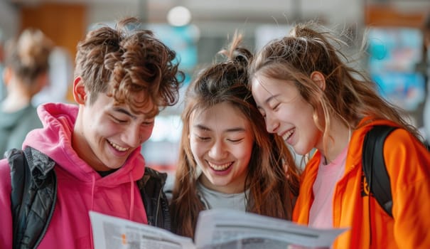 group of 3 smiling teenage students wearing bright clothes looking at the documents standing in classroom. ai generated