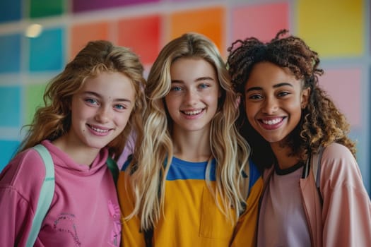group of three happy teenage students in bright clothes. ai generated