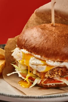 Close-up of hearty hamburger in fluffy bun with breaded patty, oozing fried sunny side up egg and vegetables in craft paper wrap with wooden skewer, against red background. Popular fast food snack