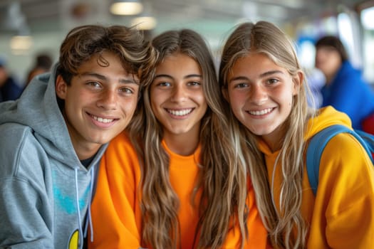 group of three happy teenage students in bright clothes. ai generated