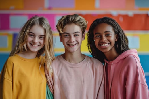 group of three happy teenage students in bright clothes. ai generated