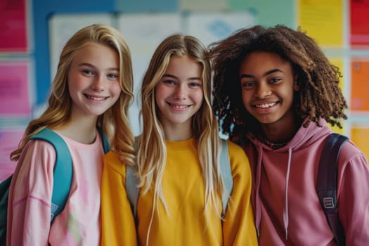 group of three happy teenage students in bright clothes. ai generated