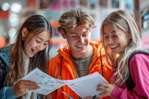 group of 3 smiling teenage students wearing bright clothes looking at the documents standing in classroom. ai generated