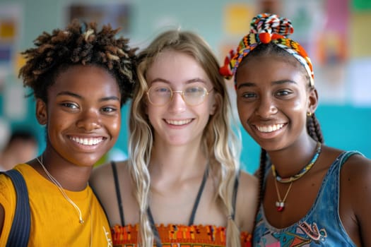 group of three happy teenage students in bright clothes. ai generated