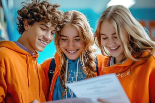 group of 3 smiling teenage students wearing bright clothes looking at the documents standing in classroom. ai generated