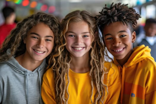 group of three happy teenage students in bright clothes. ai generated