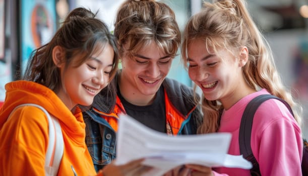 group of 3 smiling teenage students wearing bright clothes looking at the documents standing in classroom. ai generated