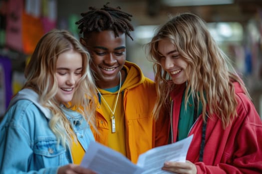 group of 3 smiling teenage students wearing bright clothes looking at the documents standing in classroom. ai generated