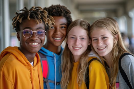 group of four happy teenage students in bright clothes standing in classroom. ai generated