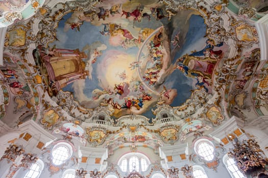 Steingaden, bavaria, germany, MAY 31, 2022 : interiors, frescoes and architectural decors of  church of Wieskirche, designed in the late 1740s by brothers J. B. and Dominikus Zimmermann