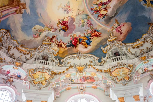 Steingaden, bavaria, germany, MAY 31, 2022 : interiors, frescoes and architectural decors of  church of Wieskirche, designed in the late 1740s by brothers J. B. and Dominikus Zimmermann