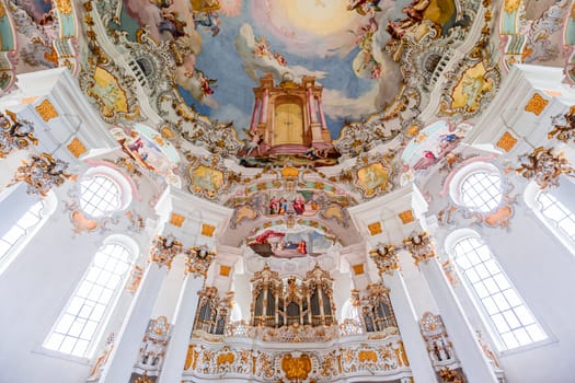 Steingaden, bavaria, germany, MAY 31, 2022 : interiors, frescoes and architectural decors of  church of Wieskirche, designed in the late 1740s by brothers J. B. and Dominikus Zimmermann