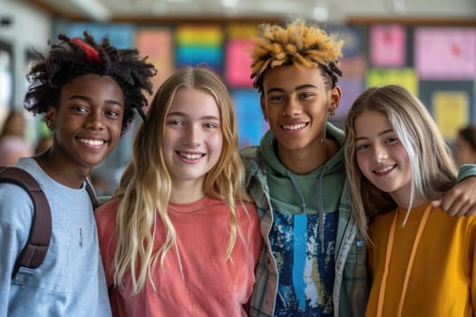 group of four happy teenage students in bright clothes standing in classroom. ai generated