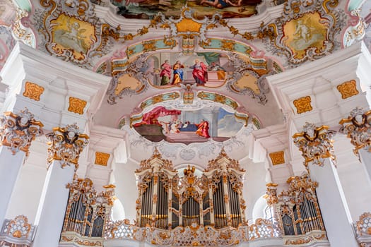 Steingaden, bavaria, germany, MAY 31, 2022 : interiors, frescoes and architectural decors of  church of Wieskirche, designed in the late 1740s by brothers J. B. and Dominikus Zimmermann