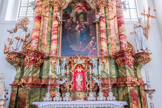 Steingaden, bavaria, germany, MAY 31, 2022 : interiors, frescoes and architectural decors of  church of Wieskirche, designed in the late 1740s by brothers J. B. and Dominikus Zimmermann