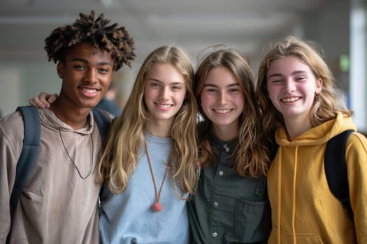 group of four happy teenage students in bright clothes standing in classroom. ai generated