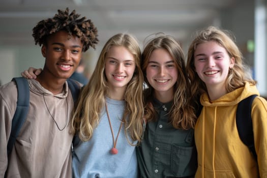 group of four happy teenage students in bright clothes standing in classroom. ai generated