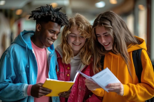 group of 3 smiling teenage students wearing bright clothes looking at the documents standing in classroom. ai generated