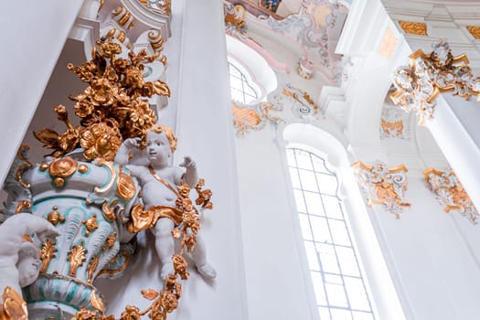 Steingaden, bavaria, germany, MAY 31, 2022 : interiors, frescoes and architectural decors of  church of Wieskirche, designed in the late 1740s by brothers J. B. and Dominikus Zimmermann