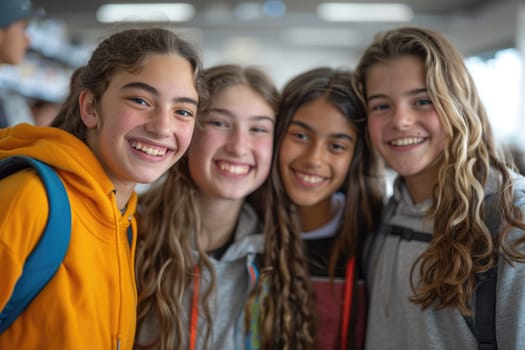 group of four happy teenage students in bright clothes standing in classroom. ai generated