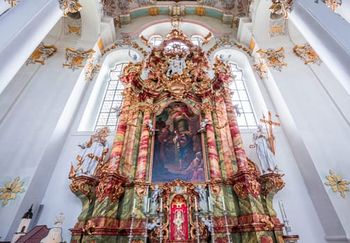 Steingaden, bavaria, germany, MAY 31, 2022 : interiors, frescoes and architectural decors of  church of Wieskirche, designed in the late 1740s by brothers J. B. and Dominikus Zimmermann