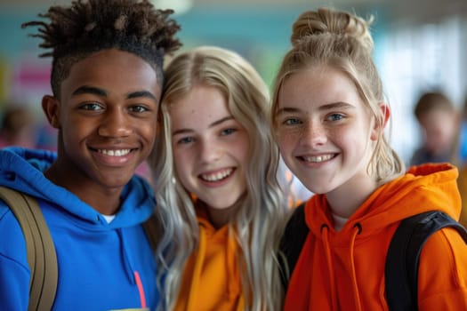 group of happy teenage students in bright clothes standing in classroom. ai generated