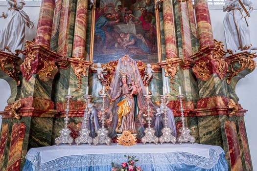 Steingaden, bavaria, germany, MAY 31, 2022 : interiors, frescoes and architectural decors of  church of Wieskirche, designed in the late 1740s by brothers J. B. and Dominikus Zimmermann