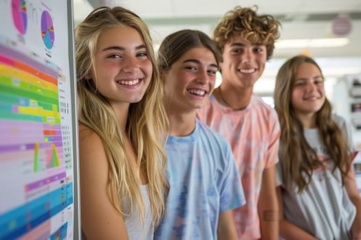 group of smiling teenage students wearing bright clothes looking at the charts at the board standing in classroom. ai generated