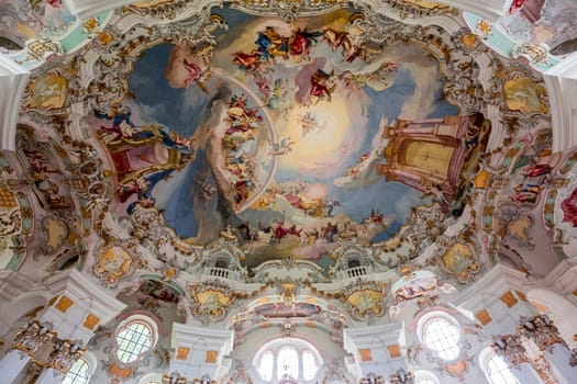 Steingaden, bavaria, germany, MAY 31, 2022 : interiors, frescoes and architectural decors of  church of Wieskirche, designed in the late 1740s by brothers J. B. and Dominikus Zimmermann