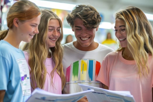 group of 4 smiling teenage students wearing bright clothes looking at the documents standing in classroom. ai generated