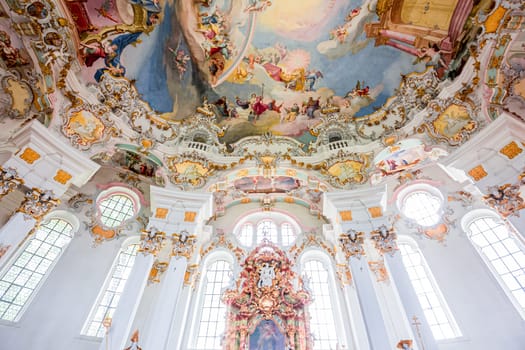 Steingaden, bavaria, germany, MAY 31, 2022 : interiors, frescoes and architectural decors of  church of Wieskirche, designed in the late 1740s by brothers J. B. and Dominikus Zimmermann