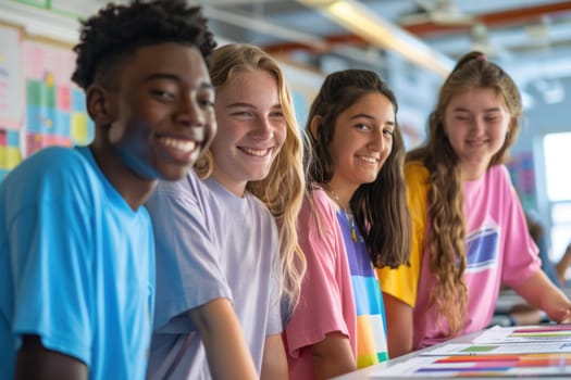 group of smiling teenage students wearing bright clothes looking at the documents standing in classroom. ai generated