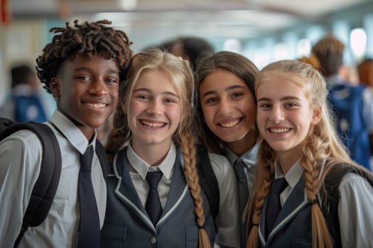 group of 4 smiling teenage students wearing uniform standing in classroom. ai generated