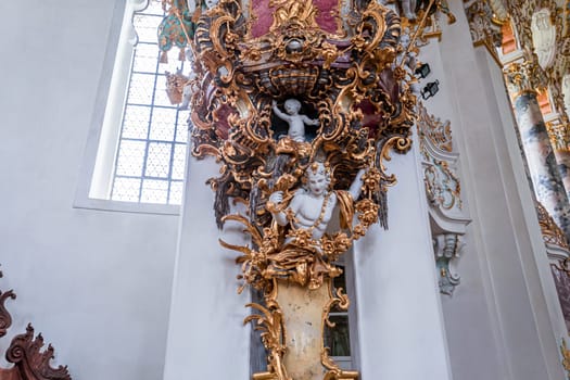 Steingaden, bavaria, germany, MAY 31, 2022 : interiors, frescoes and architectural decors of  church of Wieskirche, designed in the late 1740s by brothers J. B. and Dominikus Zimmermann