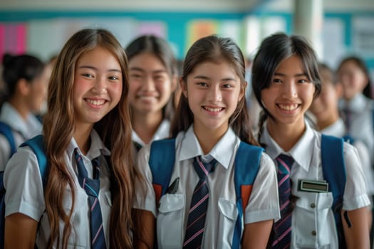 group of 4 smiling teenage students wearing uniform standing in classroom. ai generated