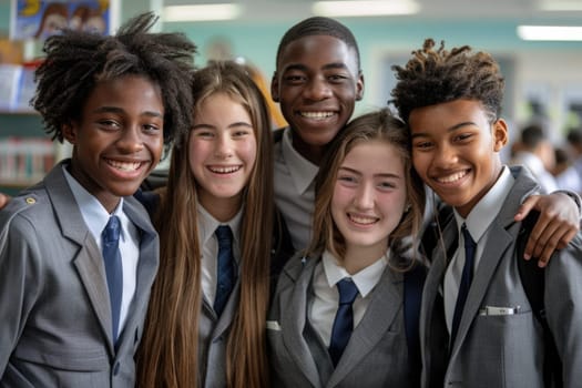 group of 4 smiling teenage students wearing uniform standing in classroom. ai generated