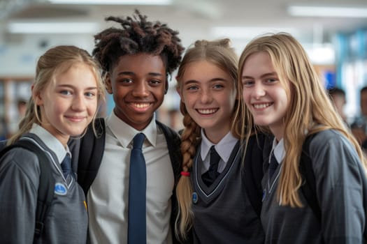 group of 4 smiling teenage students wearing uniform standing in classroom. ai generated