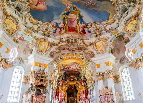 Steingaden, bavaria, germany, MAY 31, 2022 : interiors, frescoes and architectural decors of  church of Wieskirche, designed in the late 1740s by brothers J. B. and Dominikus Zimmermann