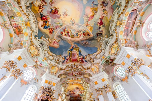 Steingaden, bavaria, germany, MAY 31, 2022 : interiors, frescoes and architectural decors of  church of Wieskirche, designed in the late 1740s by brothers J. B. and Dominikus Zimmermann