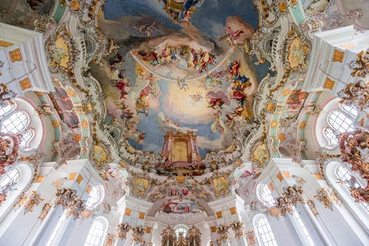 Steingaden, bavaria, germany, MAY 31, 2022 : interiors, frescoes and architectural decors of  church of Wieskirche, designed in the late 1740s by brothers J. B. and Dominikus Zimmermann