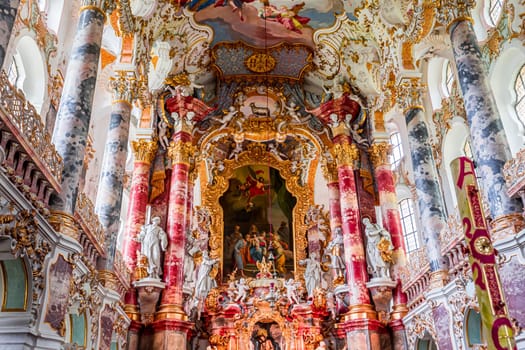 Steingaden, bavaria, germany, MAY 31, 2022 : interiors, frescoes and architectural decors of  church of Wieskirche, designed in the late 1740s by brothers J. B. and Dominikus Zimmermann