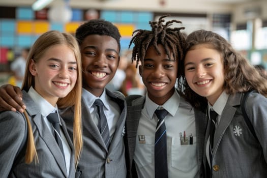 group of 4 smiling teenage students wearing uniform standing in classroom. ai generated