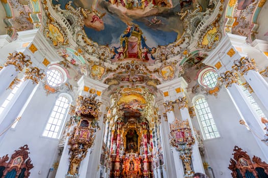 Steingaden, bavaria, germany, MAY 31, 2022 : interiors, frescoes and architectural decors of  church of Wieskirche, designed in the late 1740s by brothers J. B. and Dominikus Zimmermann