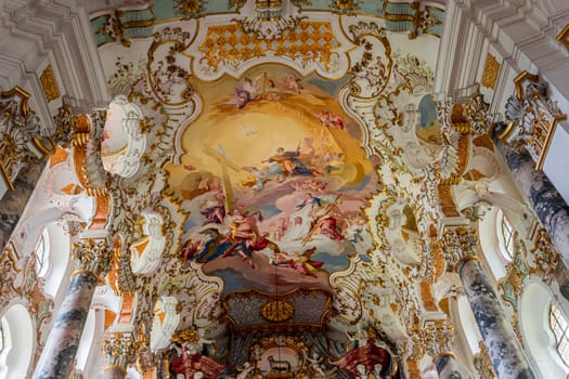 Steingaden, bavaria, germany, MAY 31, 2022 : interiors, frescoes and architectural decors of  church of Wieskirche, designed in the late 1740s by brothers J. B. and Dominikus Zimmermann