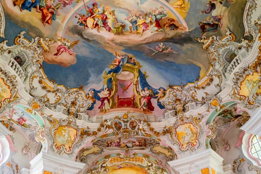 Steingaden, bavaria, germany, MAY 31, 2022 : interiors, frescoes and architectural decors of  church of Wieskirche, designed in the late 1740s by brothers J. B. and Dominikus Zimmermann