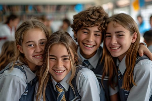 group of 4 smiling teenage students wearing uniform standing in classroom. ai generated