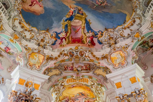 Steingaden, bavaria, germany, MAY 31, 2022 : interiors, frescoes and architectural decors of  church of Wieskirche, designed in the late 1740s by brothers J. B. and Dominikus Zimmermann