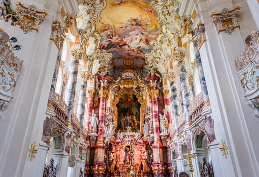 Steingaden, bavaria, germany, MAY 31, 2022 : interiors, frescoes and architectural decors of  church of Wieskirche, designed in the late 1740s by brothers J. B. and Dominikus Zimmermann