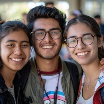 group of four happy teenage students standing in classroom. ai generated