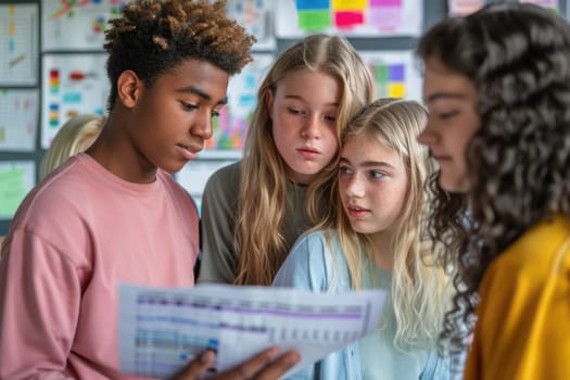 group of teenage students looking at the documents standing in classroom. ai generated